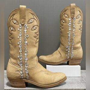 Golden Retriever Crystal-Embellished Tan Leather Cowboy Boots Size 7M